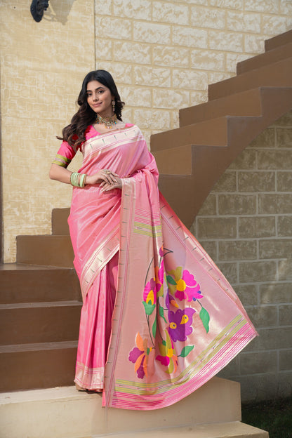 Dhiyona GR Women's Antara Pink Paithani Soft Blended Silk Saree