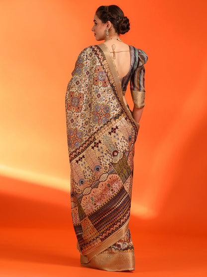 Women's Dola Silk Cream Printed Designer Saree With Blouse Piece