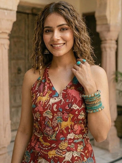 Printed Pure Cotton Halter Neck Kurti & Palazzos