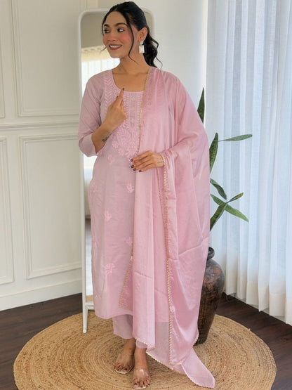 Embroidered Pure Cotton Round Neck Kurta & Trousers With Dupatta