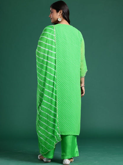 Dhiyona Women's Leheriya Printed Regular Thread Work Kurta with Trousers & With Dupatta