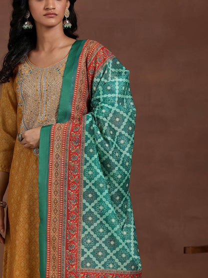 Women's LB Mustard Printed Silk Blend Straight Suit With Dupatta