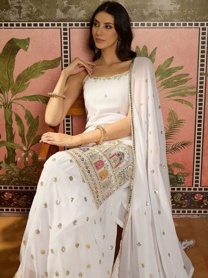 Dhiyona SN Embroidered Round Neck Straight Kurti & Sharara With Dupatta
