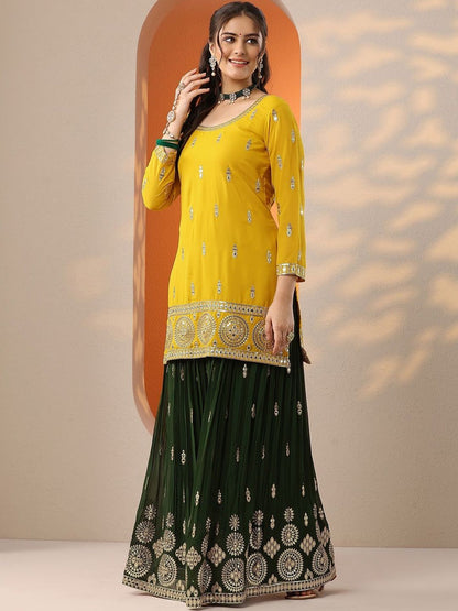 Dhiyona LL Women Ethnic Motifs Embroidered Kurta with Sharara & Dupatta
