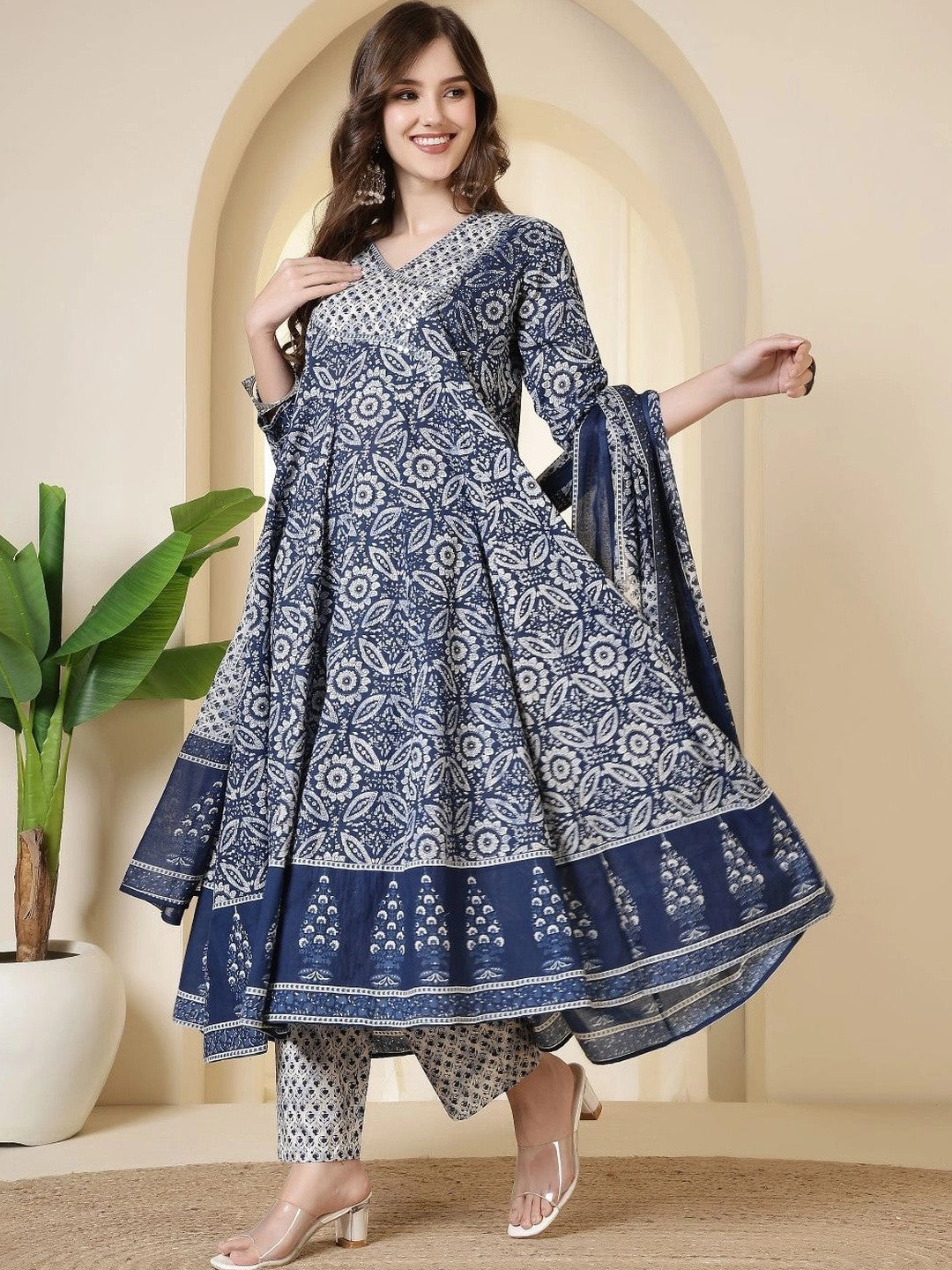 Dhiyona SN Women Ethnic Motifs Printed Empire Pure Cotton Kurta with Trousers & With Dupatta