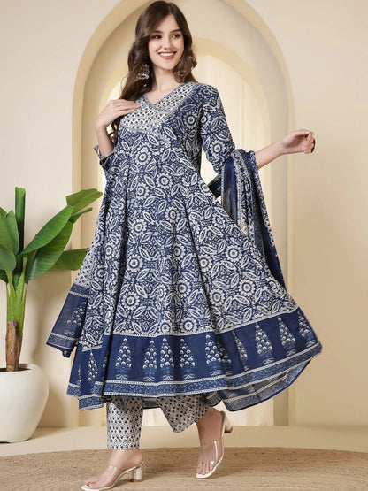 Women Ethnic Motifs Printed Empire Pure Cotton Kurta with Trousers & With Dupatta