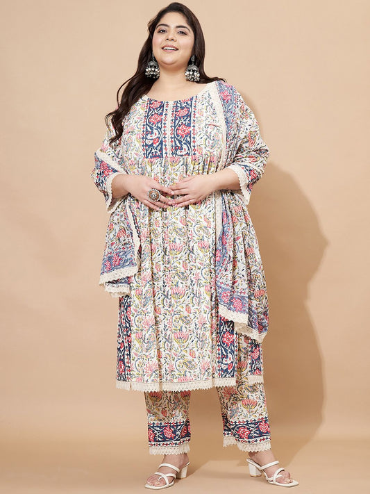 Dhiyona KL Women Floral Printed Regular Pure Cotton Kurta with Trousers & Dupatta