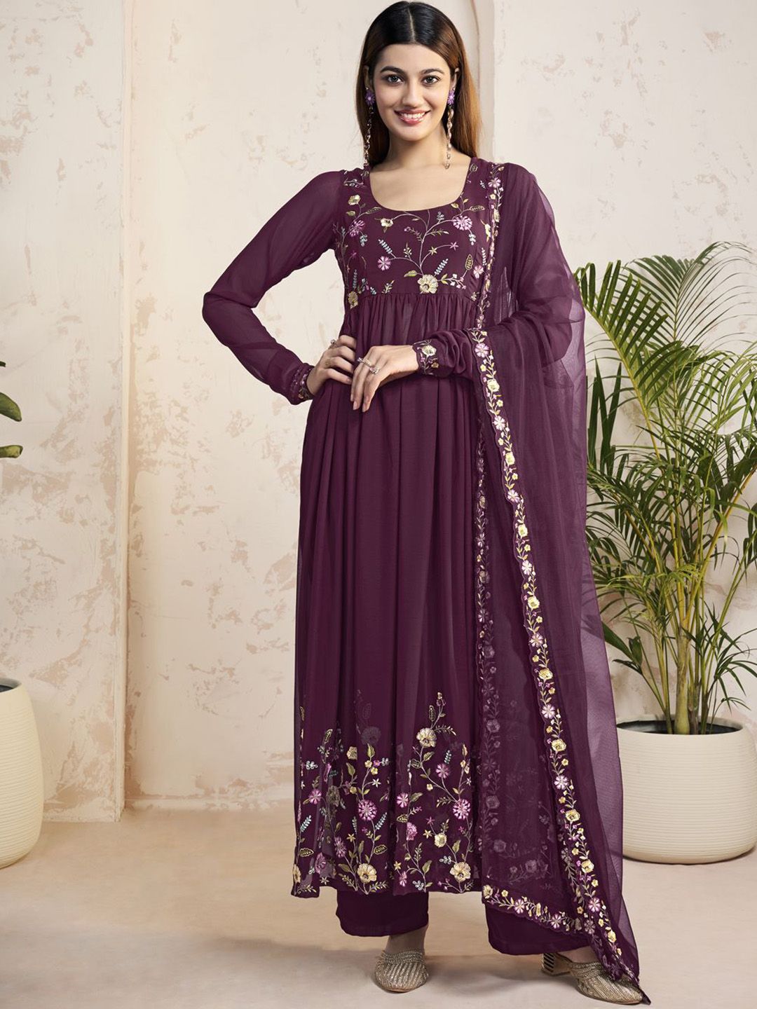 Dhiyona IN Floral Embroidered Thread Work Georgette A-Line Kurta With Palazzos And Dupatta