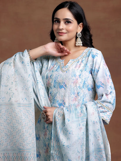 Women Printed Regular Thread Work Kurta with Trousers & With Dupatta