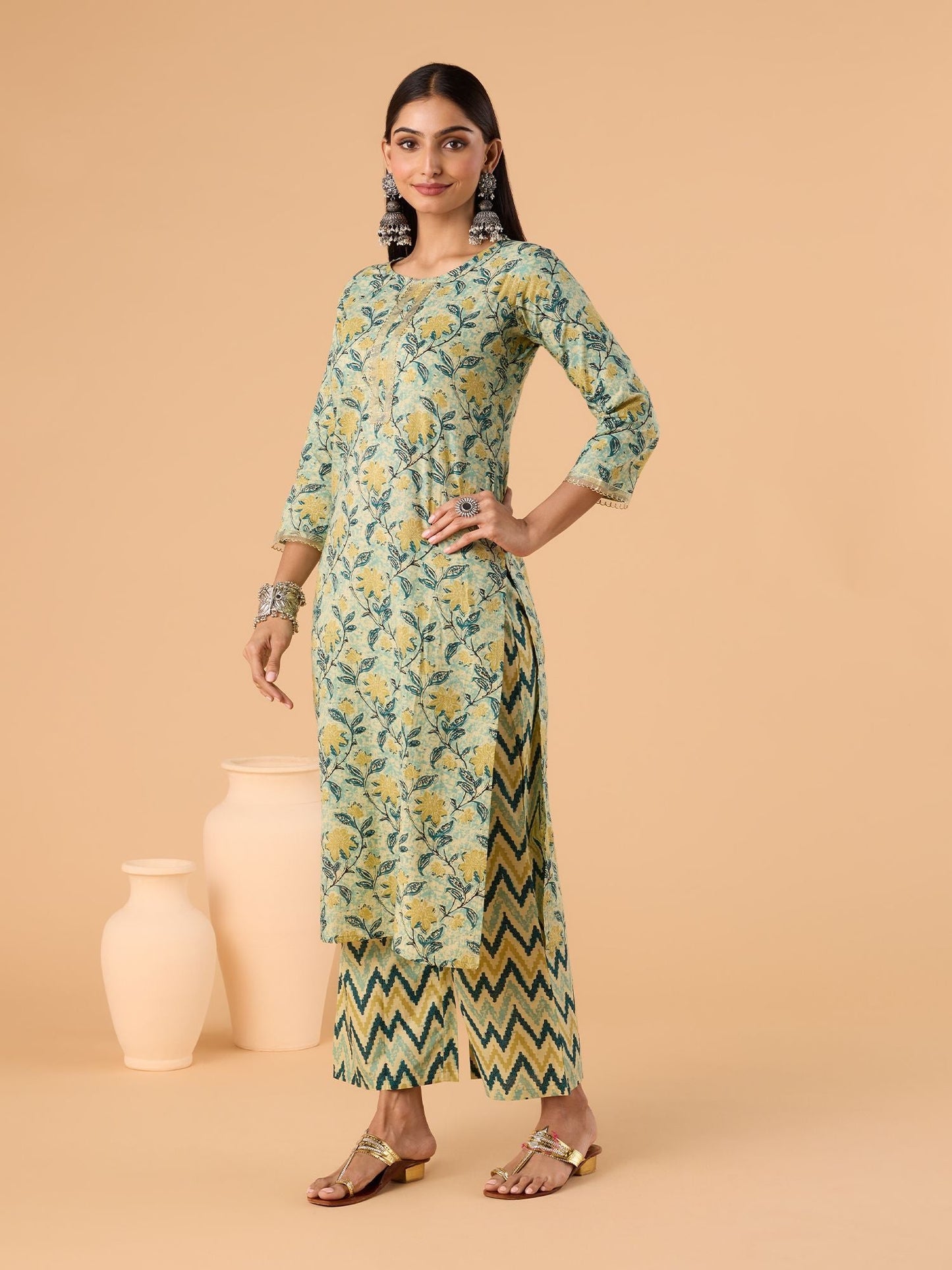 Dhiyona RV Women's Jaipuri Floral print straight side slit Kurta Plazzo Set with Dupatta