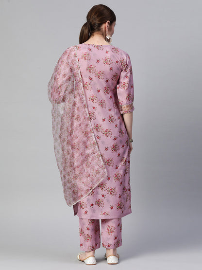Dhiyona RV Women's Silk Chiffon Embroidered Kurta Set With Digital Dupatta