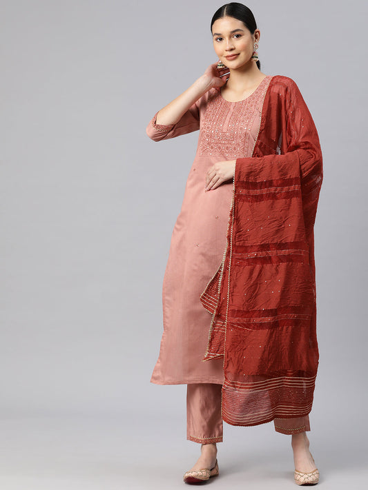 Dhiyona RV Women's Art Silk Fabric Embroidered Kurta Set With Dupatta