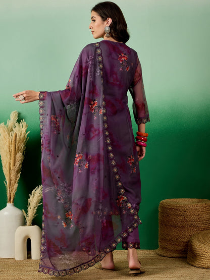 Dhiyona RV Women's Organza fabric Digital Print V Neck Kurta Set With Dupatta