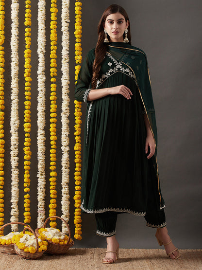 Dhiyona RV Women's Faux Georgette Fabric  Embroidered Kurta Set With Dupatta