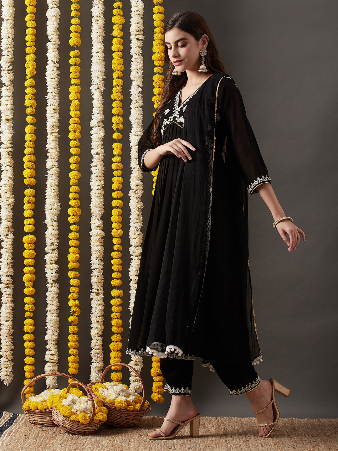 Dhiyona RV Women's Faux Georgette Fabric  Embroidered Kurta Set With Dupatta
