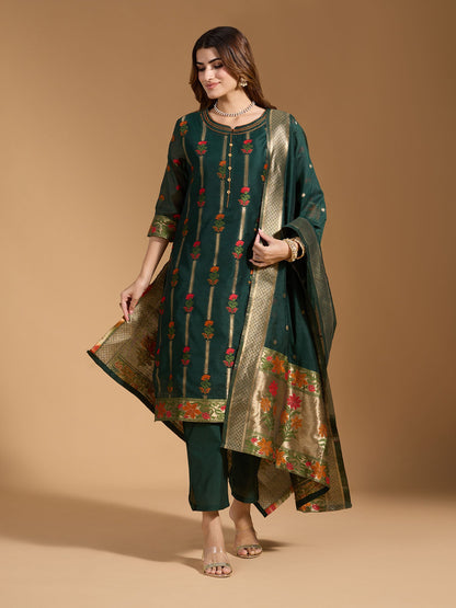 Dhiyona RV Women's Cotton Chanderi Fabric Jacquard Print Kurta Set With Dupatta