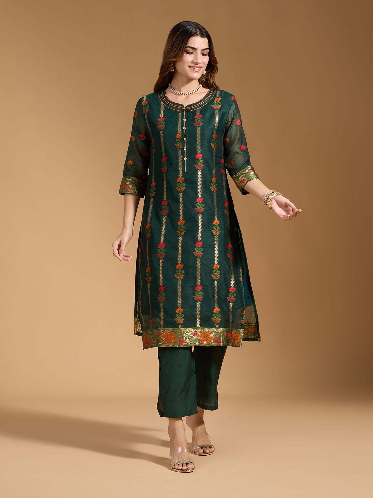 Dhiyona RV Women's Cotton Chanderi Fabric Jacquard Print Kurta Set With Dupatta
