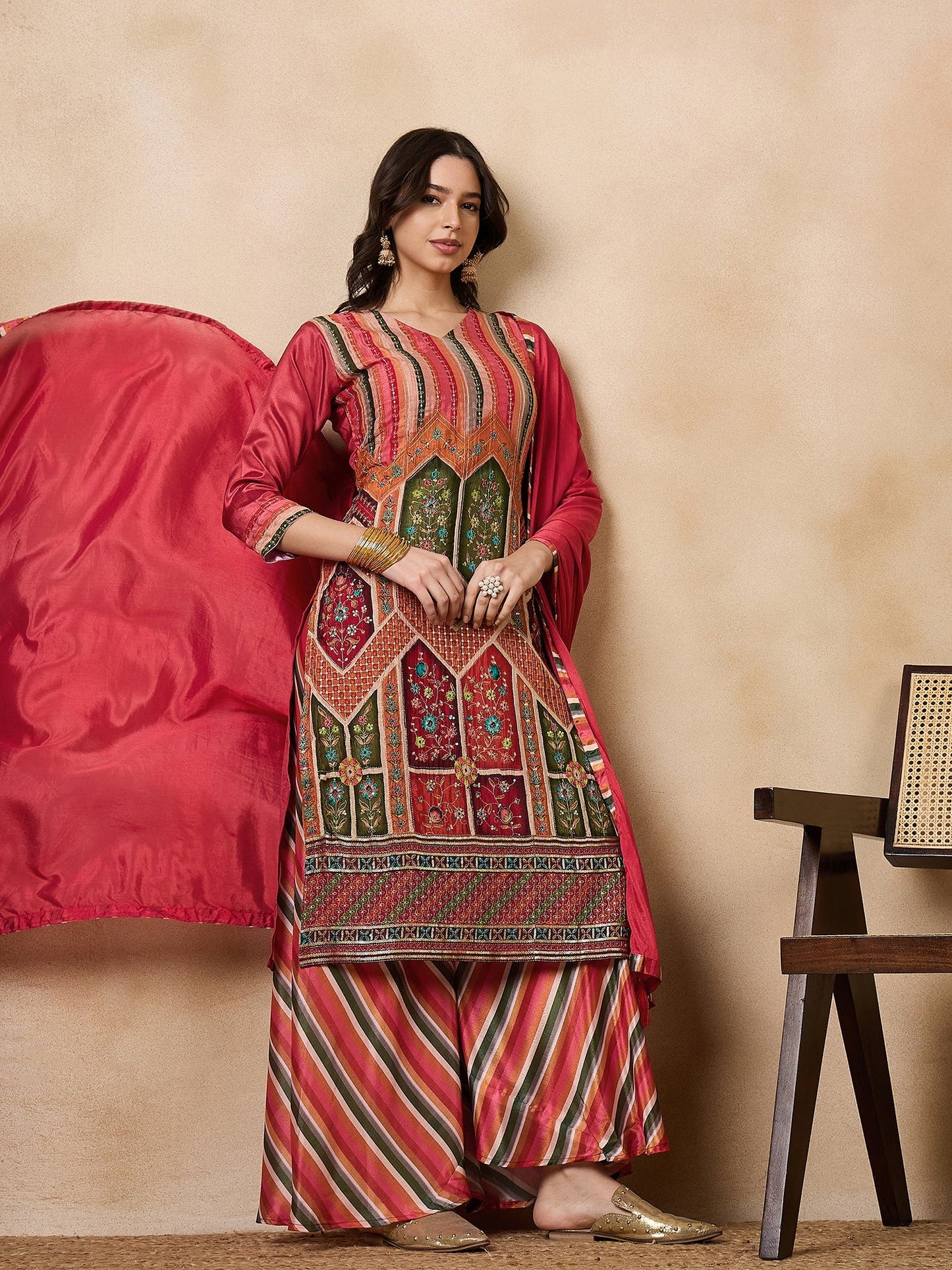 Dhiyona RV Women's Exclusive Chinon Fabric Sequence Work Straight Kurta,Palazzo With Dupatta
