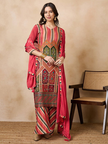 Dhiyona RV Women's Exclusive Chinon Fabric Sequence Work Straight Kurta,Palazzo With Dupatta