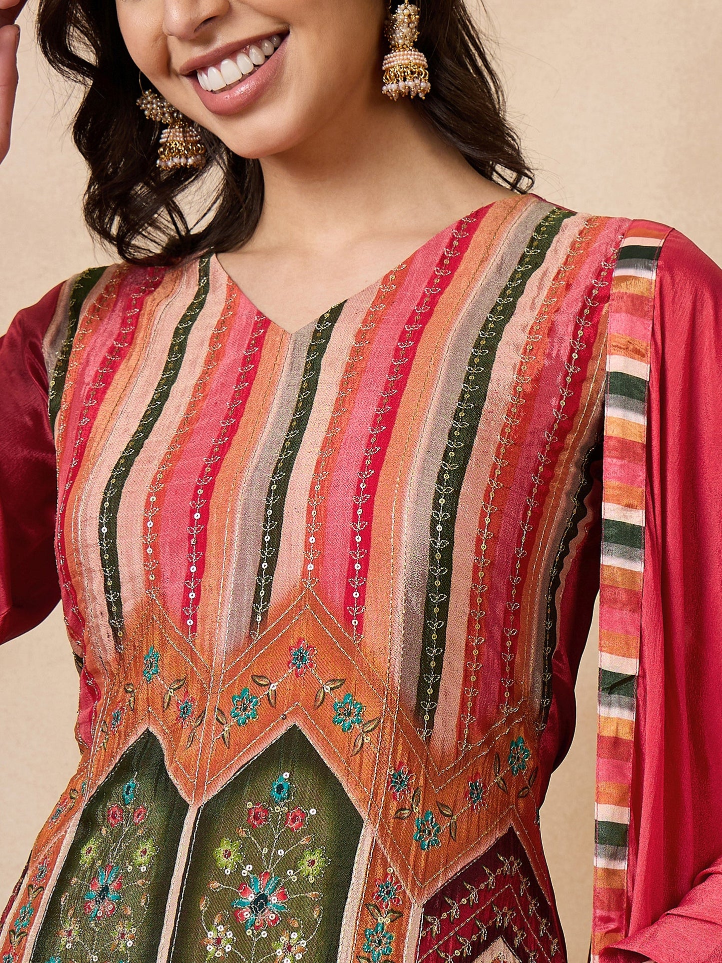 Dhiyona RV Women's Exclusive Chinon Fabric Sequence Work Straight Kurta,Palazzo With Dupatta