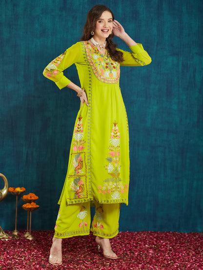 Dhiyona RV Women's Faux Georgette Fabric Thread Embroidery Kurta set With Dupatta