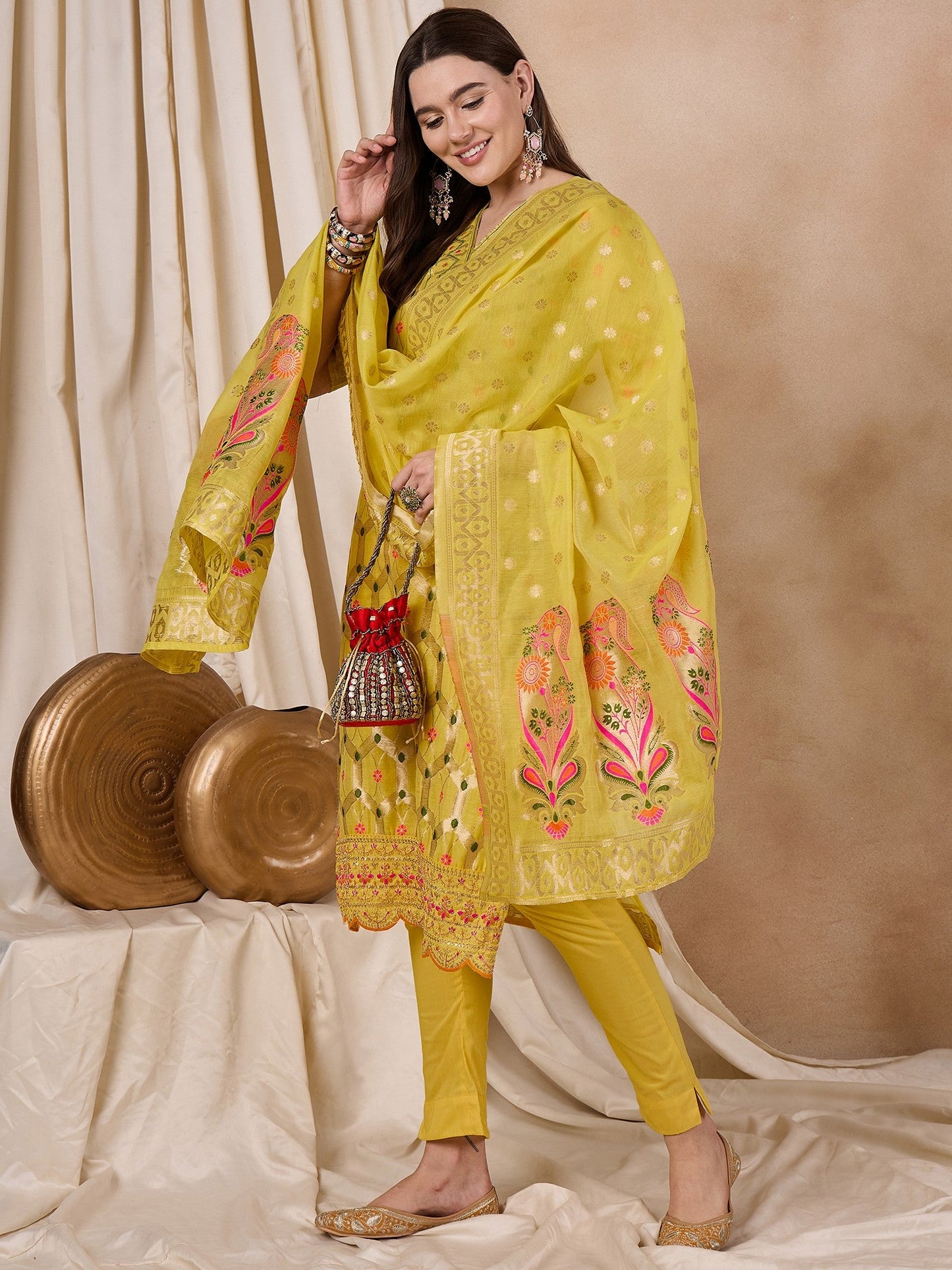 Dhiyona RV Women's Cotton Chanderi Fabric Jacquard Print Kurta Set With Dupatta