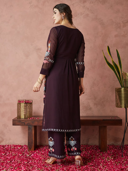Dhiyona RV Women's Faux Georgette Fabric Thread Embroidery Kurta set With Dupatta