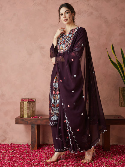 Dhiyona RV Women's Faux Georgette Fabric Thread Embroidery Kurta set With Dupatta