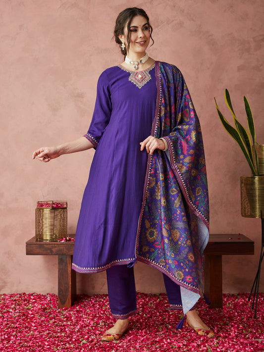 Dhiyona RV Women's Exclusive Roman Silk Fabric Hand Work Neckline Solid Print Anarkali Kurtaset With Dupatta.