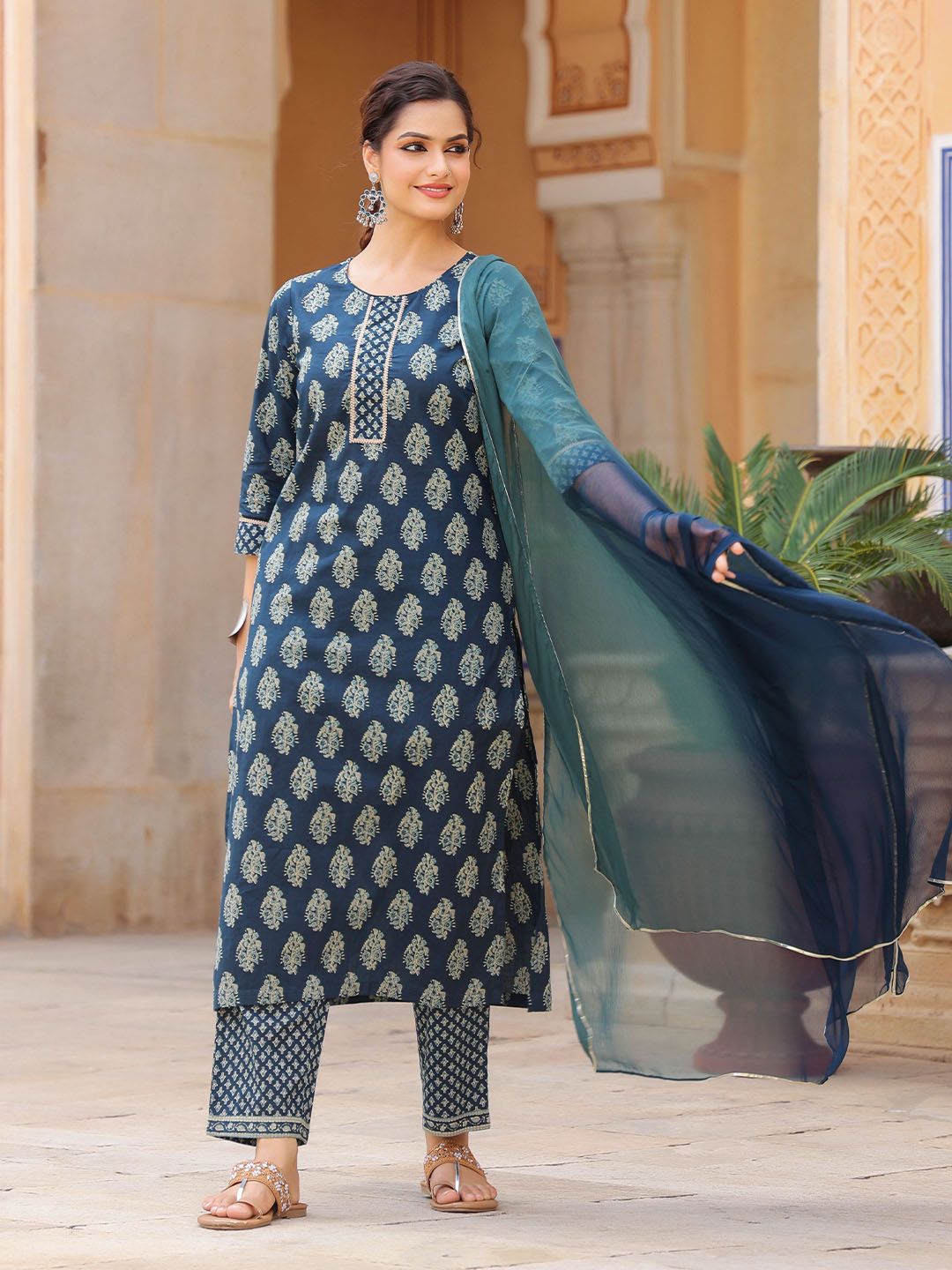 Dhiyona RR Women's Ethnic Motifs Printed Regular Pure Cotton Kurta with Trousers & With Dupatta