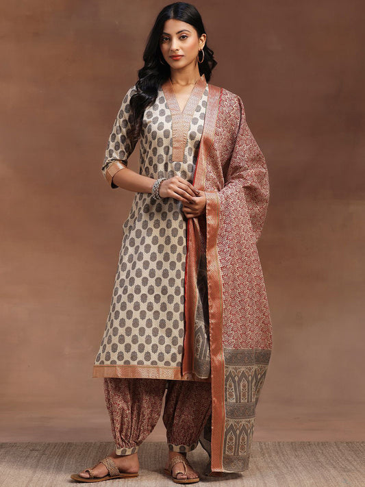 Floral Printed Regular V-Neck Straight Patti Kurta With Salwar And Dupatta