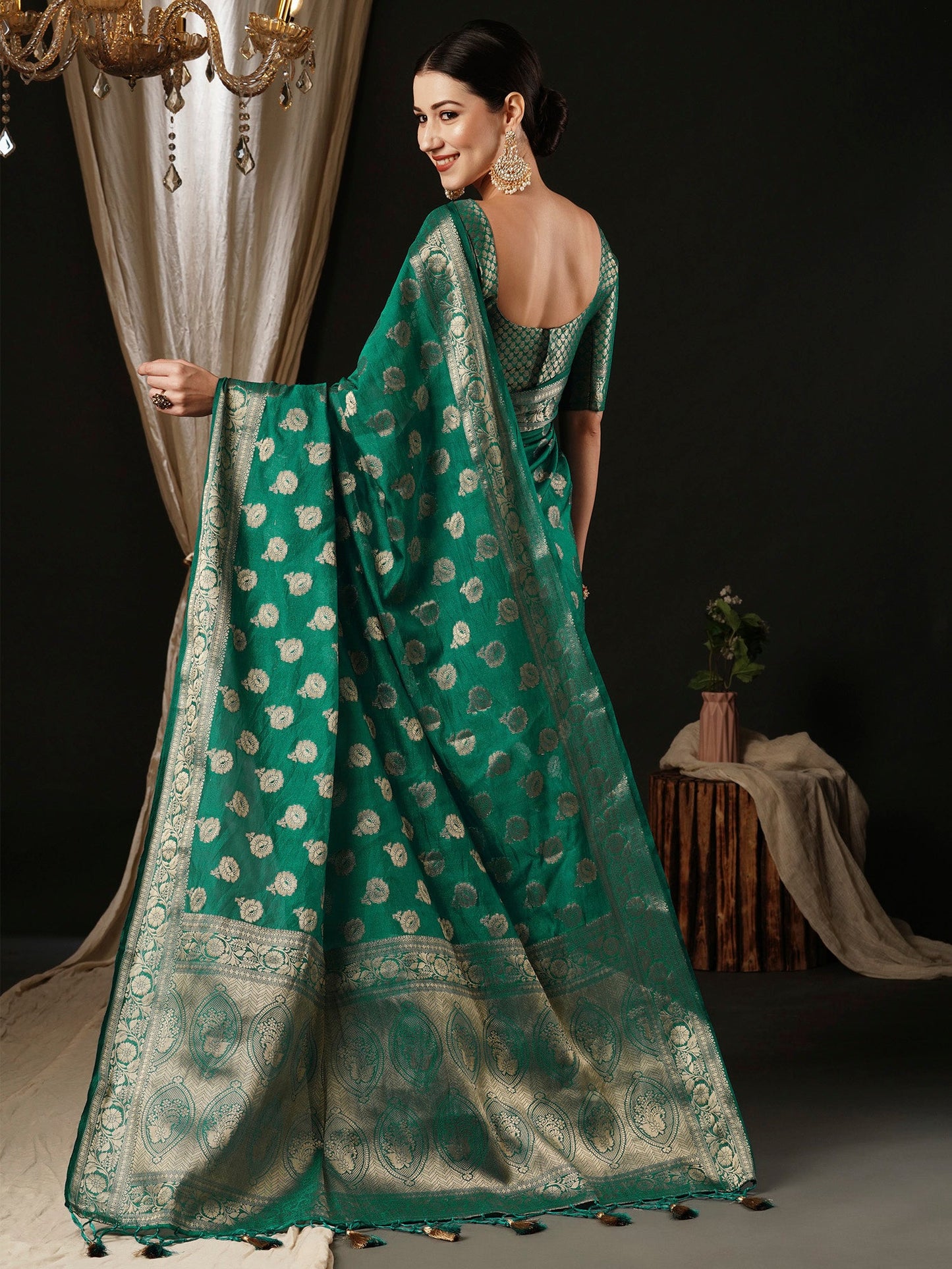 Women's Georgette Turquoise Woven Design Designer Saree With Blouse Piece