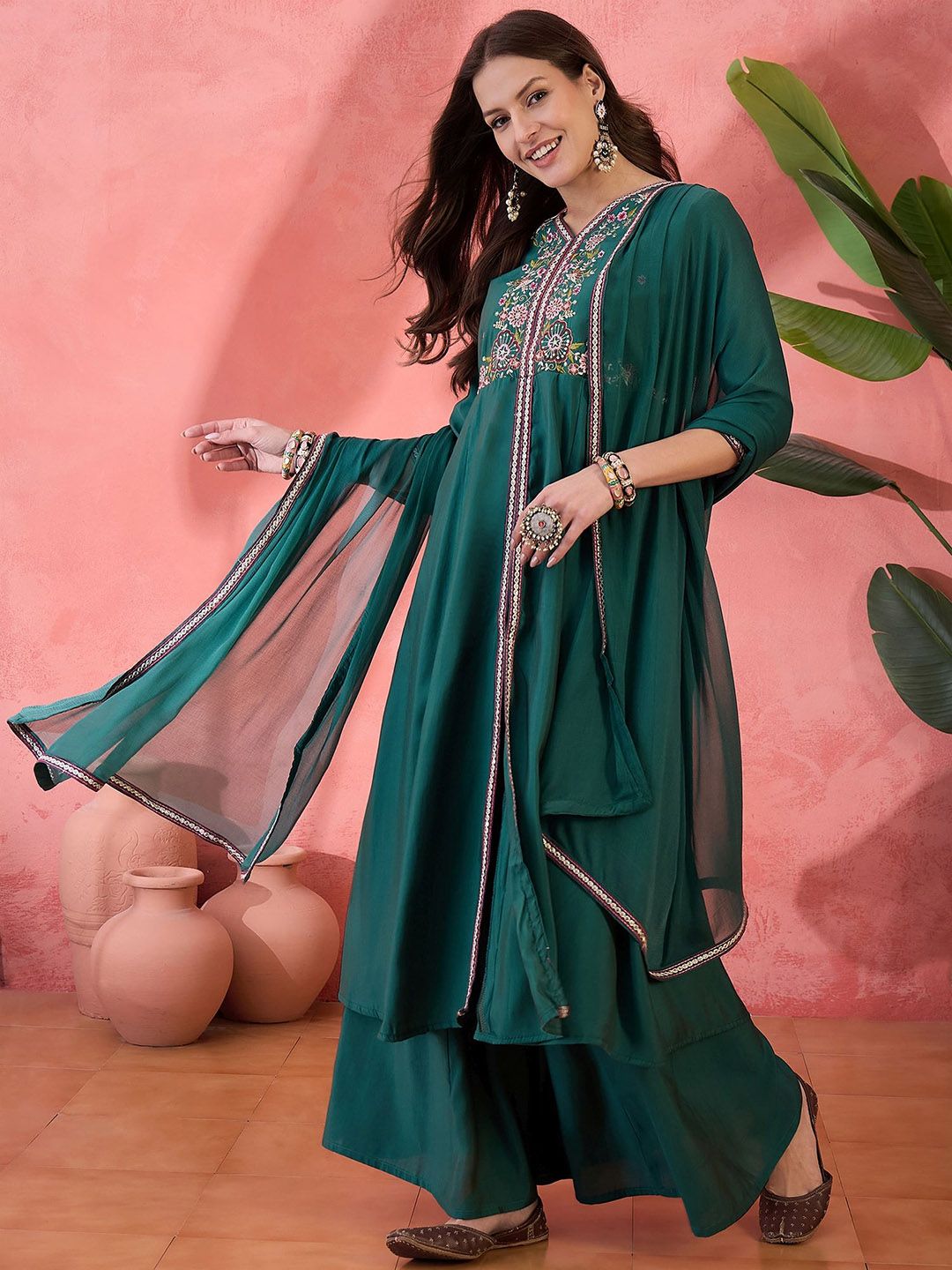 Dhiyona SN Floral Embroidered Silk Anarkali Kurta & Palazzo With Dupatta