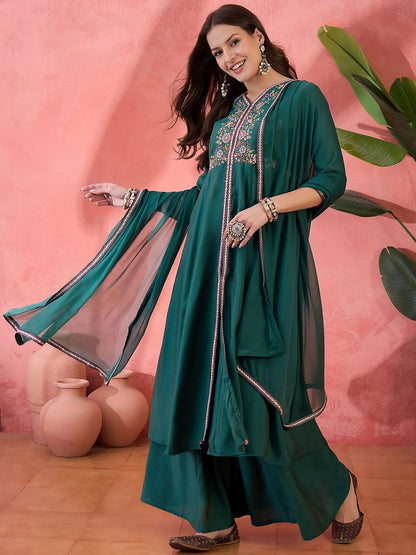 Dhiyona SN Floral Embroidered Silk Anarkali Kurta & Palazzo With Dupatta