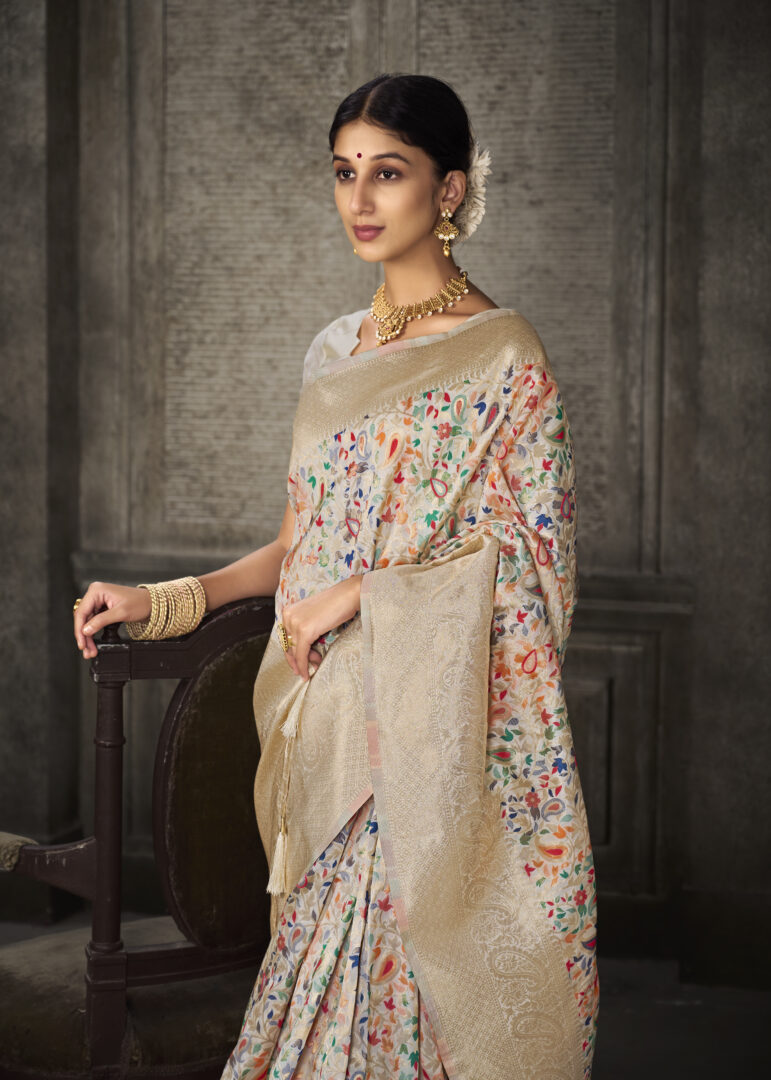 Dhiyona GR Women's Aroma Cotton White Woven Banarasi Art Silk Saree