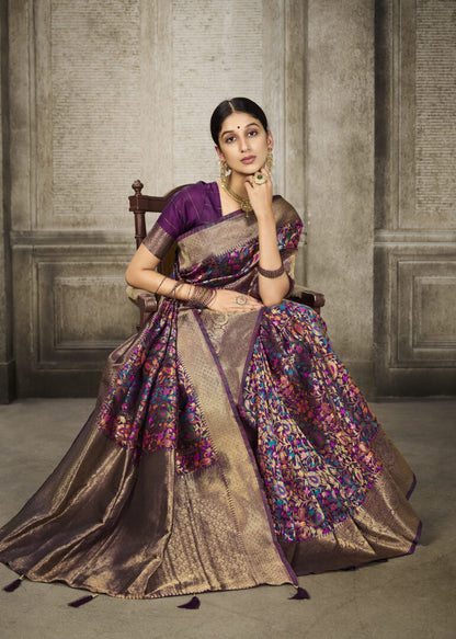 Dhiyona GR Women's Aroma Pansy Purple Woven Banarasi Art Silk Saree