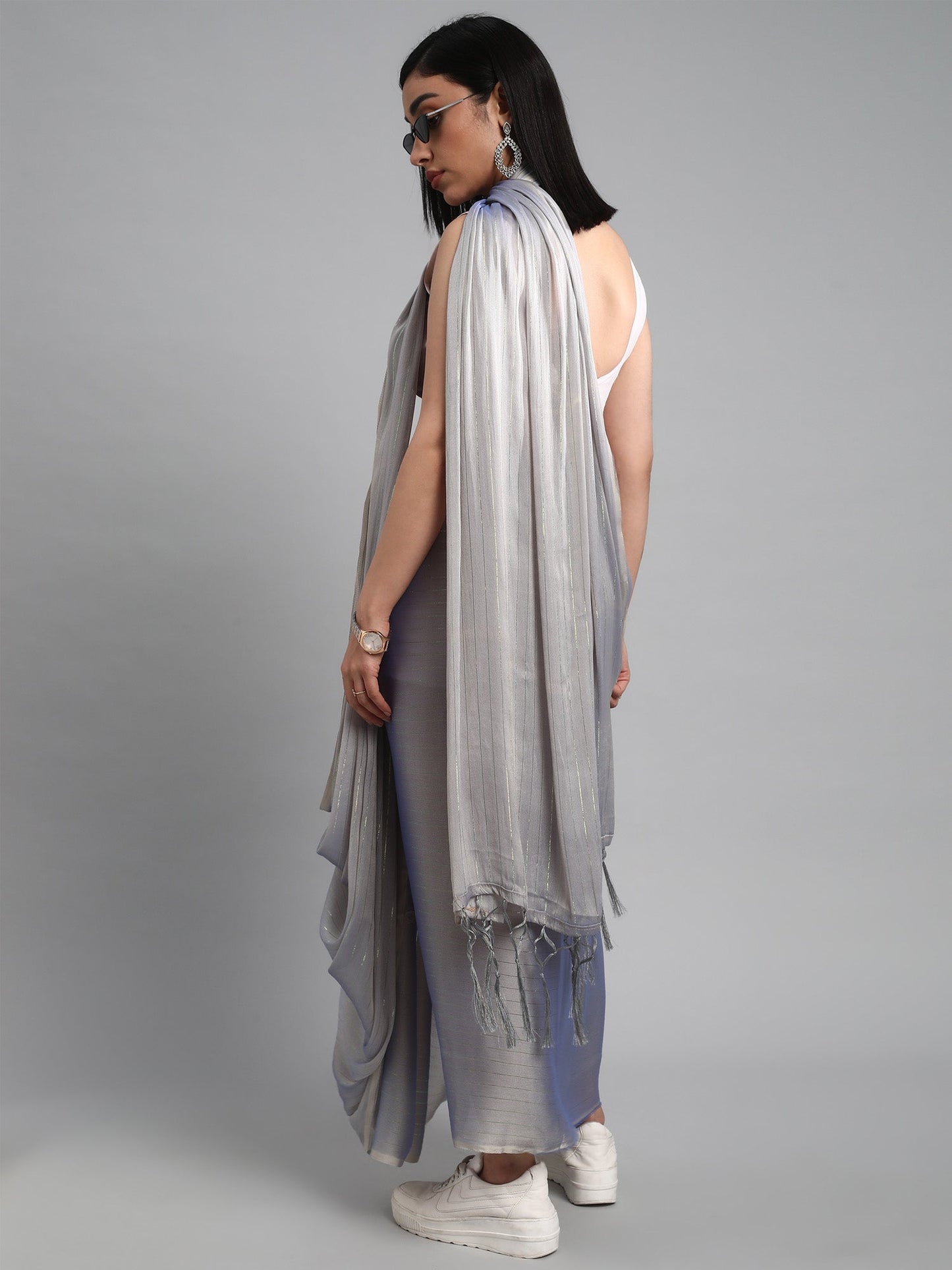 Women's Poly Georgette Grey Solid Designer Saree With Blouse Piece
