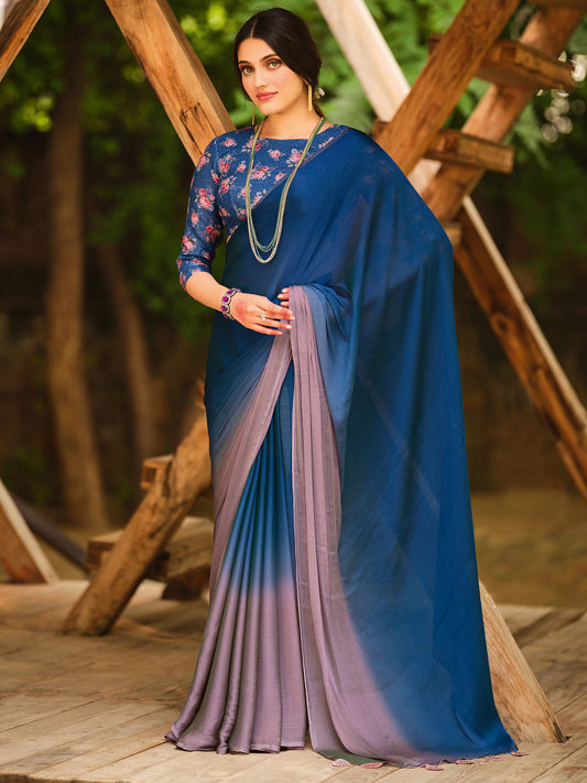 Women's Chiffon Blue Embellished Celebrity Saree With Blouse Piece