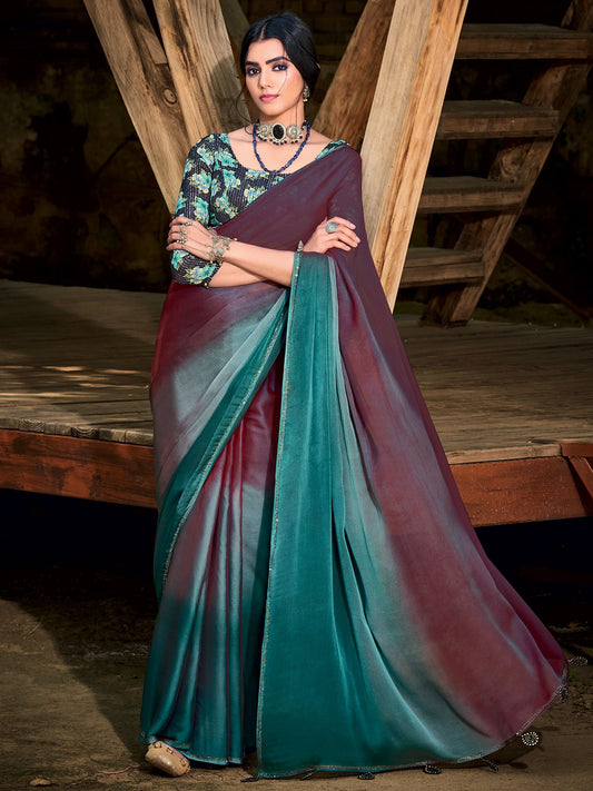 Women's Chiffon Burgundy Embellished Celebrity Saree With Blouse Piece