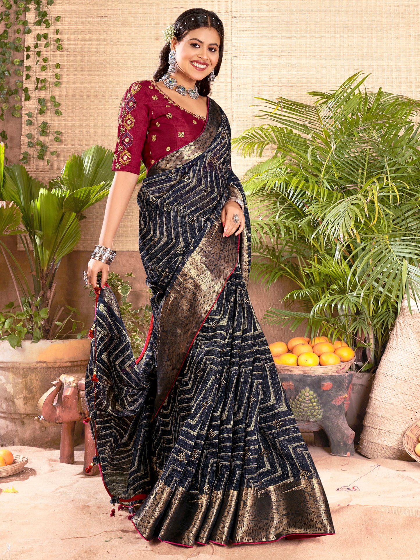 Women's Cotton Silk Navy Blue Woven Design Designer Saree With Blouse Piece