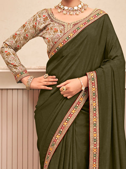 Women's Vichitra Silk Olive Embellished Designer Saree With Blouse Piece