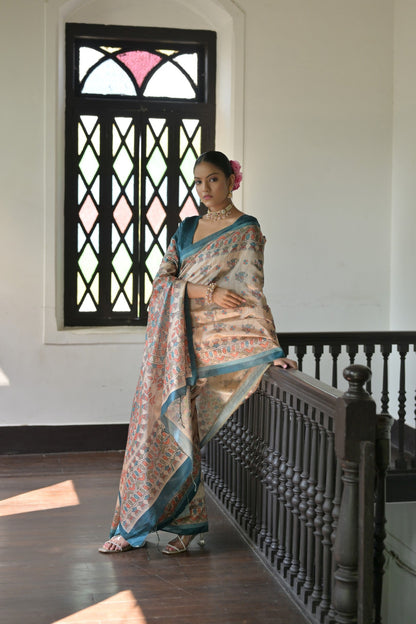 Dhiyona GR Women's Beige & Cyan Blue Soft Tussar Silk Madhubani Printed Saree