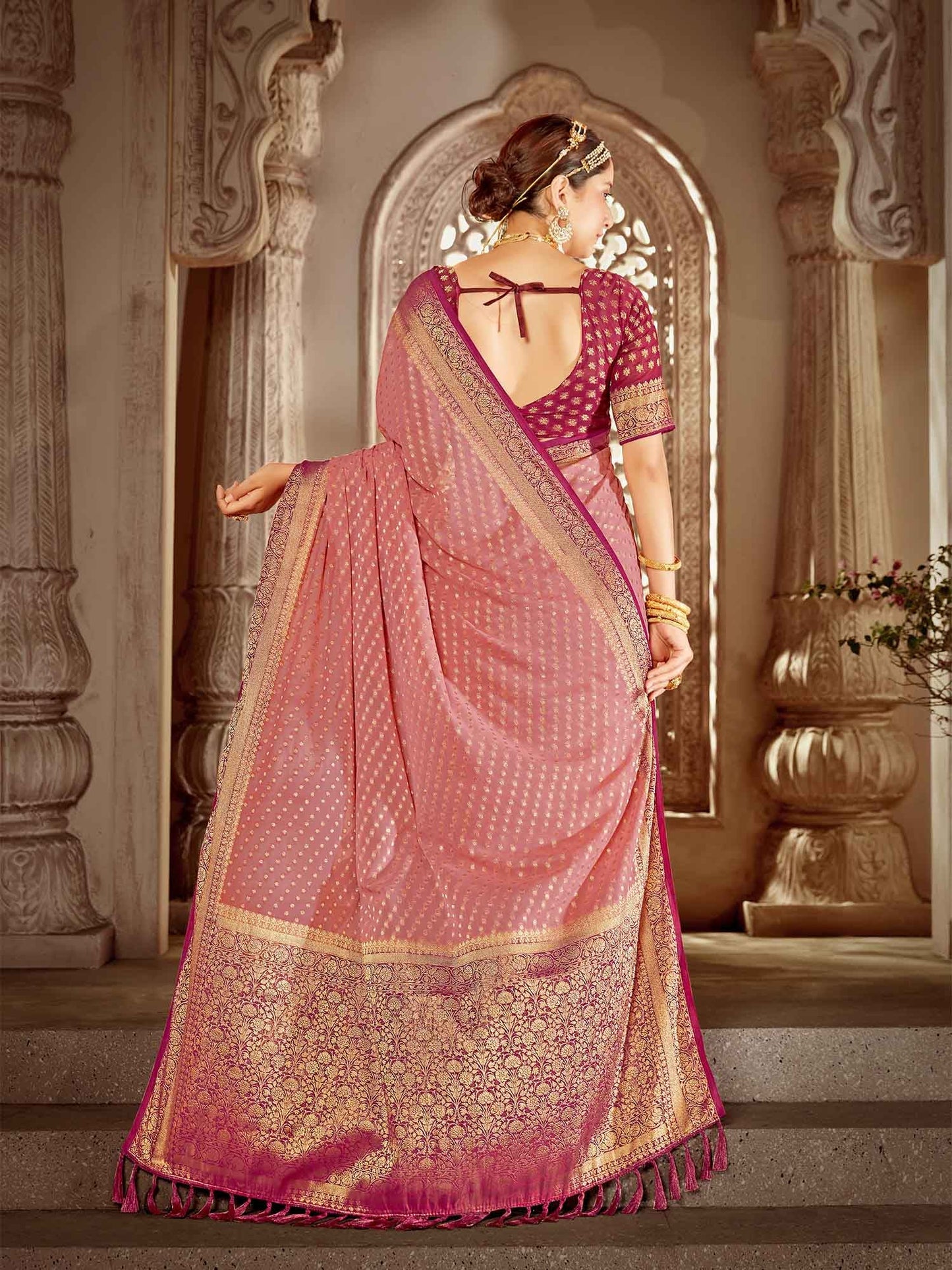Women's Georgette Pink Woven Design Designer Saree With Blouse Piece