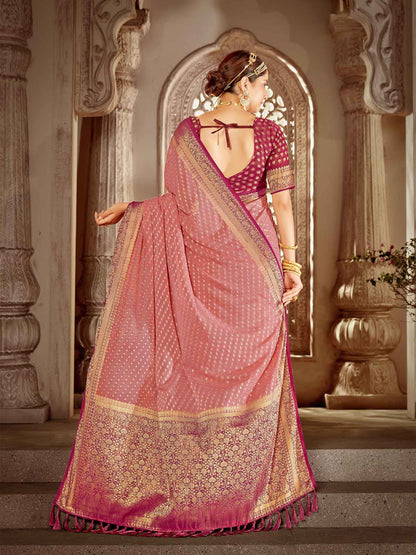 Women's Georgette Pink Woven Design Designer Saree With Blouse Piece