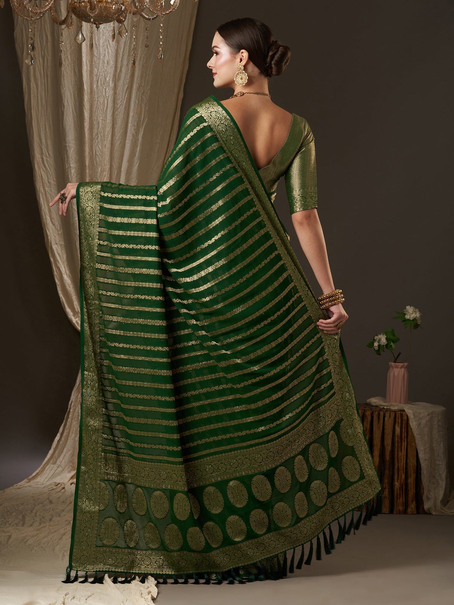 Women's Georgette Green Woven Design Designer Saree With Blouse Piece
