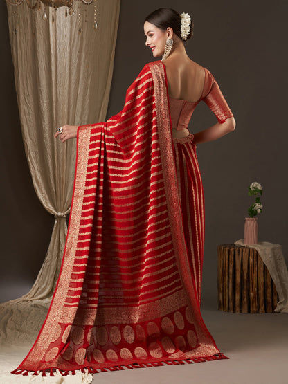 Women's Georgette Red Woven Design Designer Saree With Blouse Piece