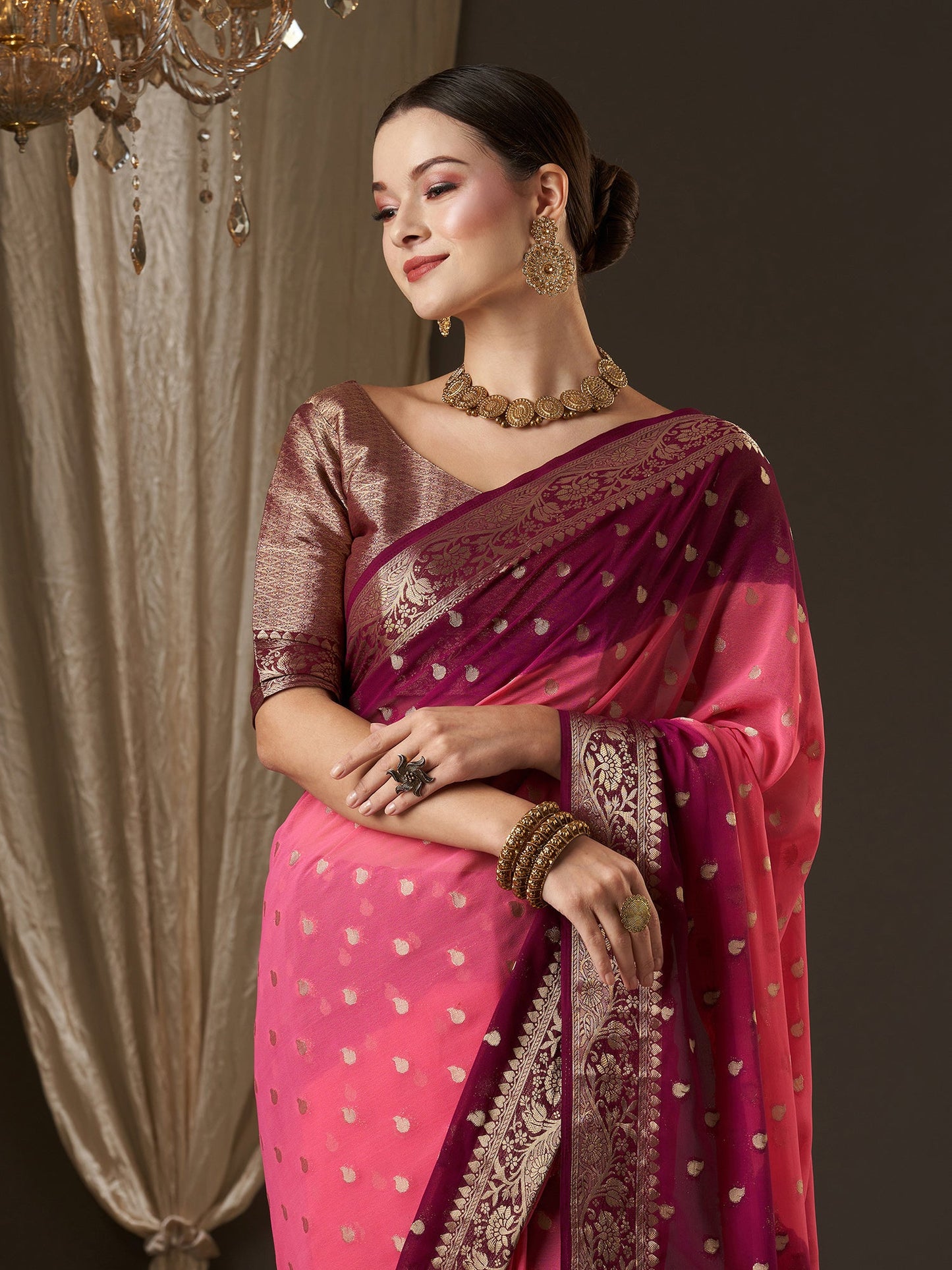 Women's Georgette Pink Woven Design Designer Saree With Blouse Piece