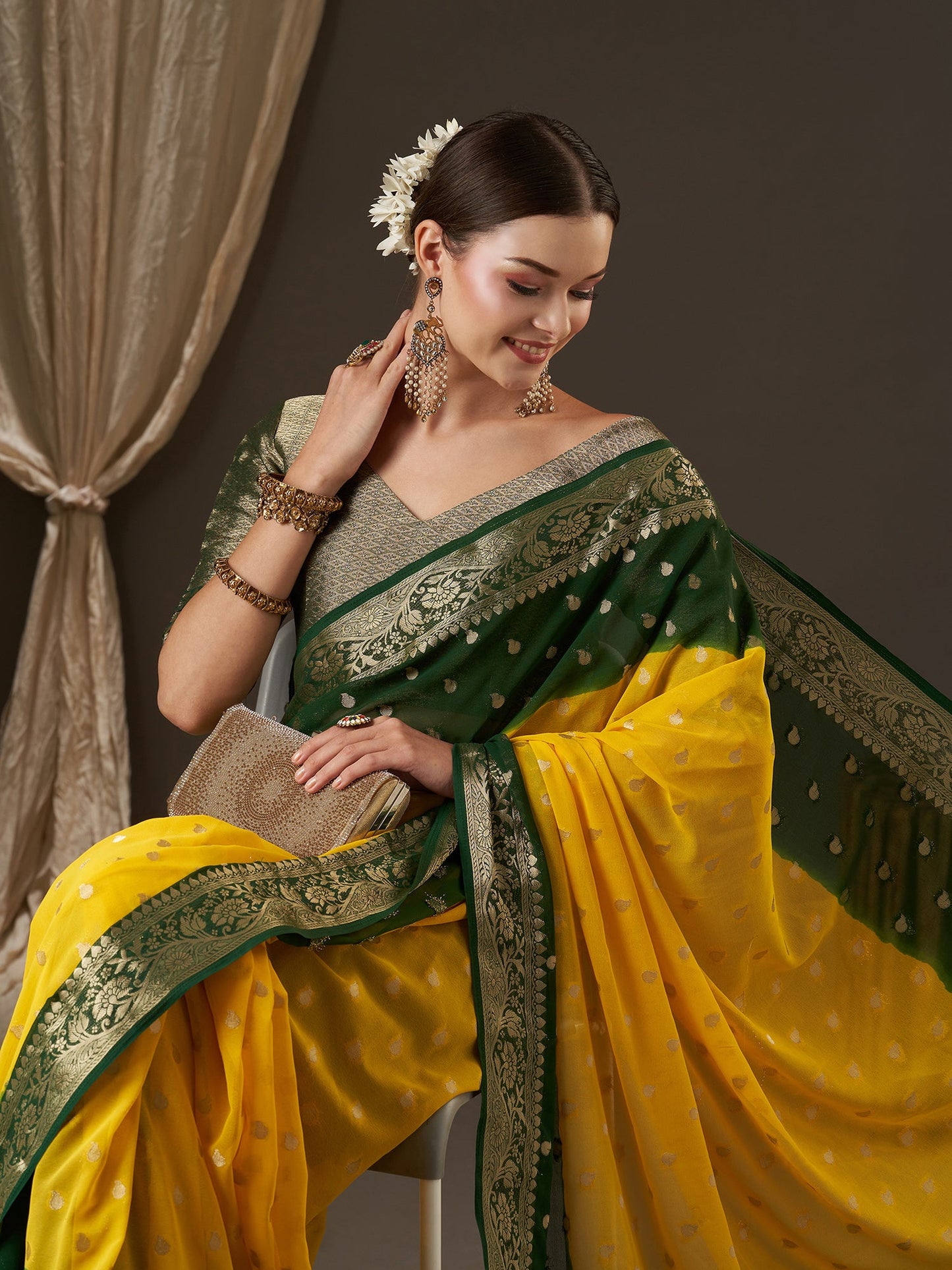 Women's Georgette Yellow Woven Design Designer Saree With Blouse Piece