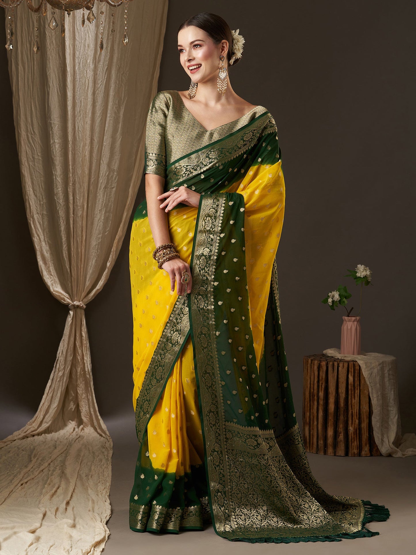 Women's Georgette Yellow Woven Design Designer Saree With Blouse Piece