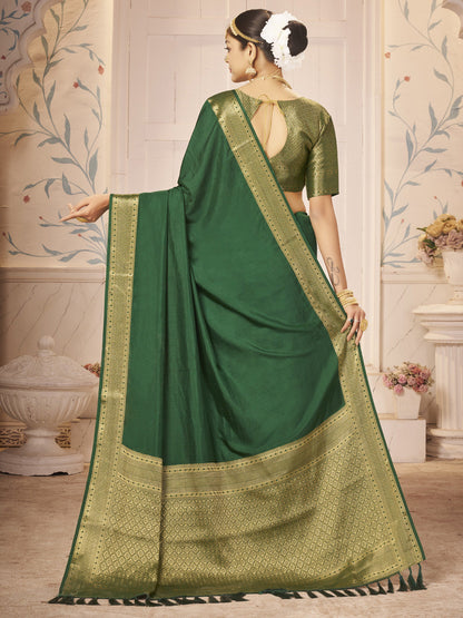 Women's Nylon Green Woven Design Designer Saree With Blouse Piece